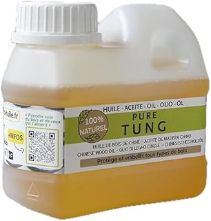 (Sol-éco) Huile Pure Tung | Protection et entretien du bois intérieur/extérieur | Meubles de jardin, plan de travail, terrasse, cuisine, planches à découper, teck, parquet 0,5 litre