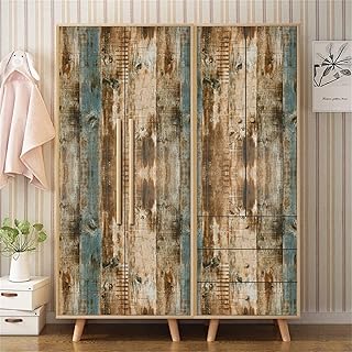 Papier Adhesif pour Meuble Bois Vintage Marron Papier Peint Rayure Bleu Bois Vieilli Papier Peint Adhesif Mural Vinyl pour Chambre Salon Cuisine Porte Cabinet Decoratif 44x1000 cm